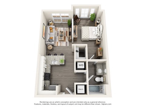 Floor plan for studio, 1 bath, 638 sqft